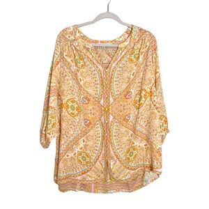 Rose + Olive Yellow Boho Paisley Floral Smocked Popover Top Size 1X‎ Bright